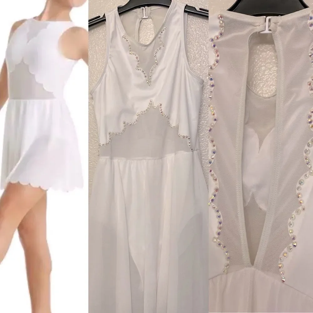 WEISSMAN solo custom Dance white Costume rhinestoned Scallop Hem Dress D10958 LC